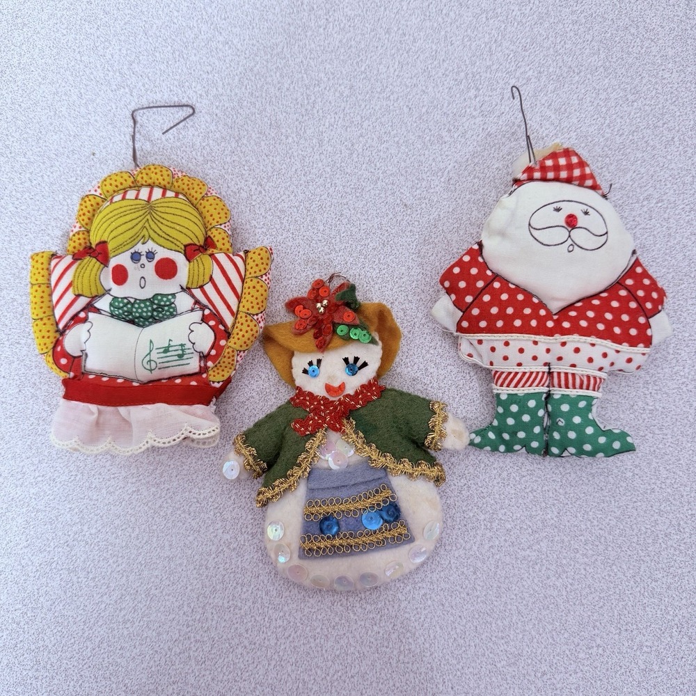 Vtg Homemade Stuffed Fabric Christmas Ornaments Lot Of 3 Caroler Santa Snowwoman